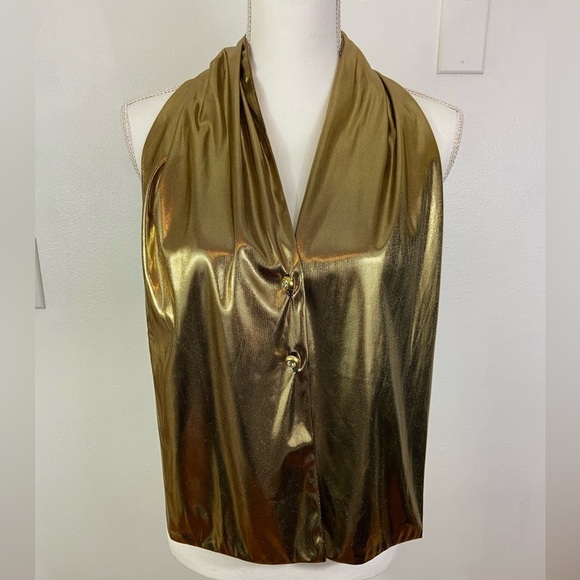 Vintage Y2K Halter Top Gold Metallic Sexy Backless Sz Small Disco Party Sparkle - Picture 1 of 9